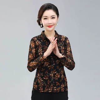 竹语声2024新款春装中年女装衬衫台湾网纱妈妈装大码春装衬衫