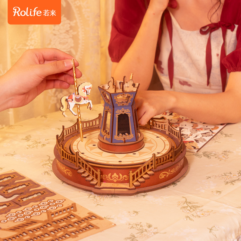Caja de música de carrusel Rolife, caja de música DIY, bloques de construcción de ensamblaje divertidos para niños, juguetes de tendencia nacional, regalo