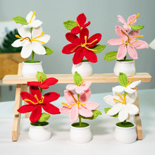 跨境热卖毛线手工钩织百合花朵盆栽成品仿真花桌面装饰摆件批发