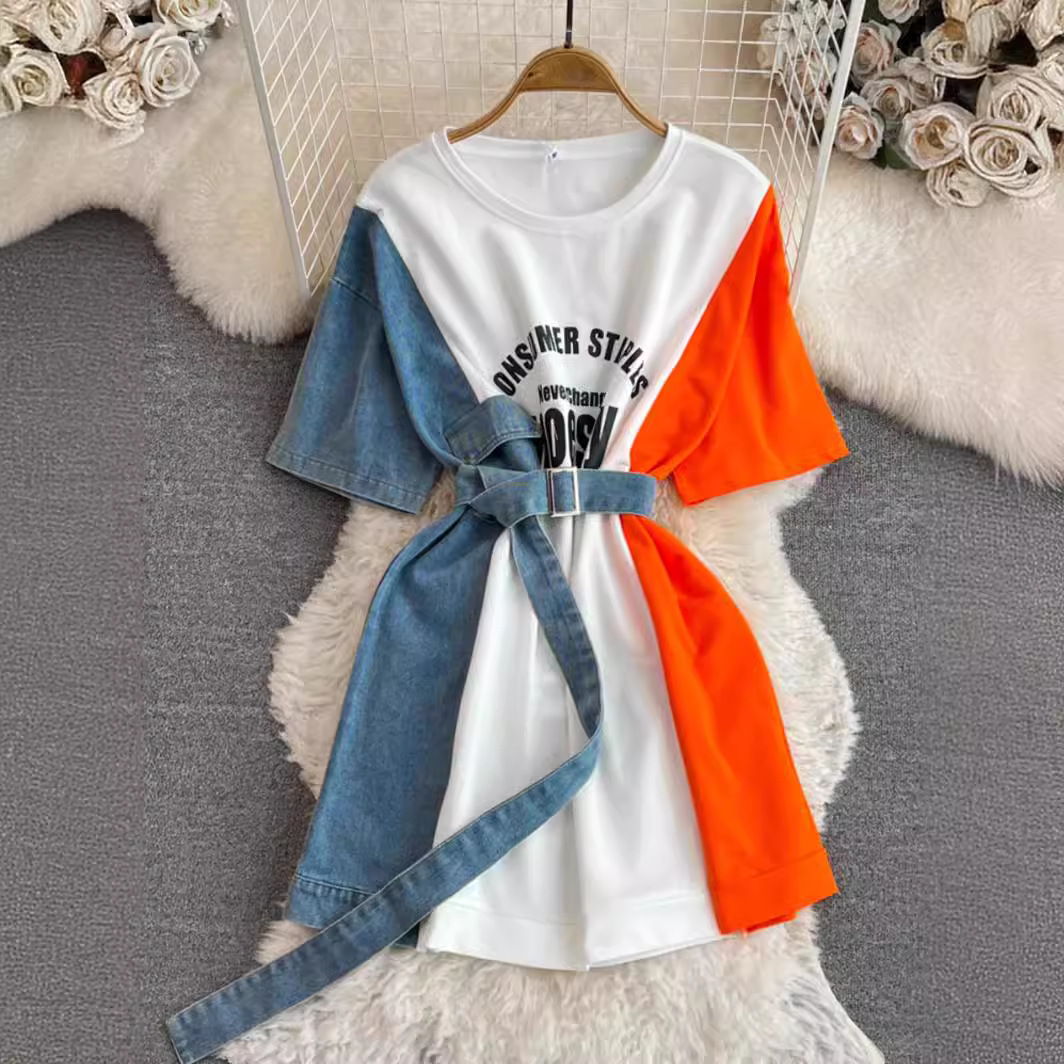 Women's Clothing Denim print splicing t shirt dress design round neck waist slimming a line dress_voghion.com