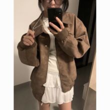 美式复古情侣装棕色棒球服外套2025新款秋冬PU皮宽松高级感开衫女