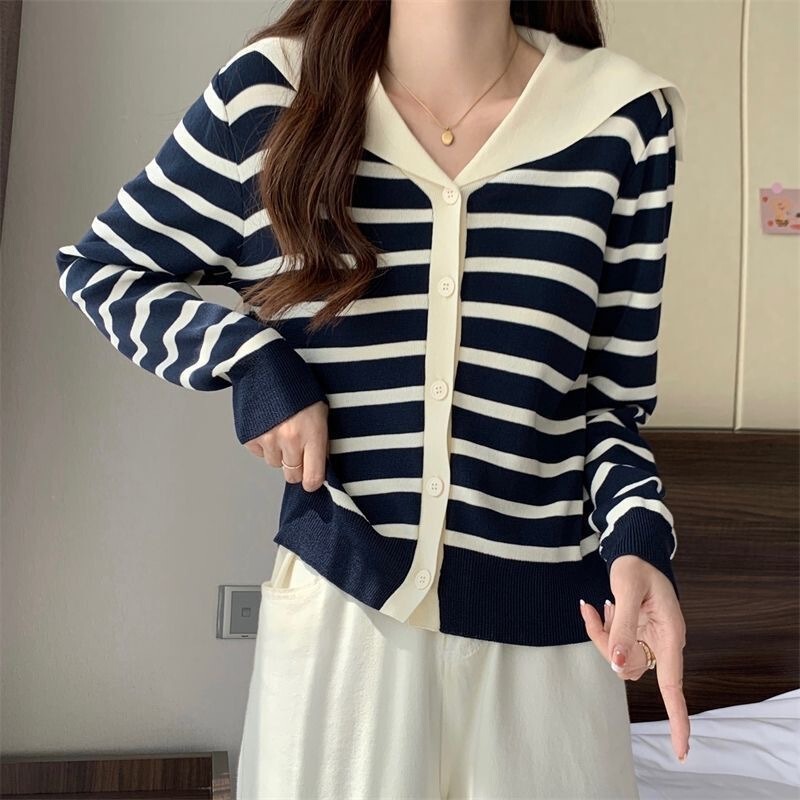 2025 Spring and Autumn New Navy Collar Knitted Cardigan Autumn and Winter Contrast Color Striped Long Sleeve Knitted Top Tops Women 2025 Spring and Autumn New Navy Collar Knitted Cardigan Autumn and Winter Contrast Color Striped Long Sleeve Knitted Top Tops Women