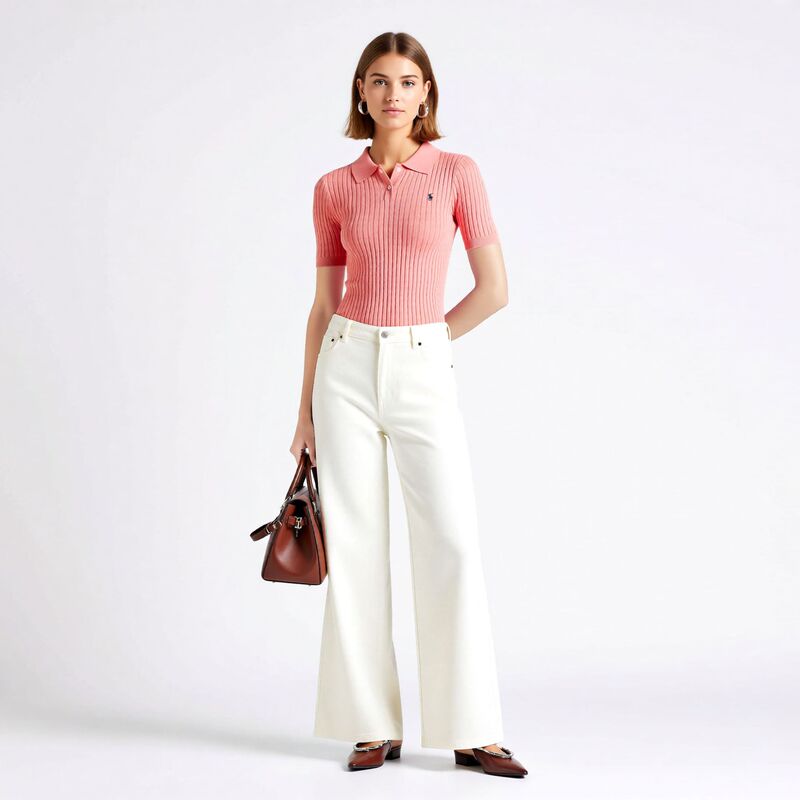 Nanyou High-End Women's Summer Thin Polo Collar Embroidered Knit Top in Solid Color Tencel Slim-Fit Short-Sleeve Shirt