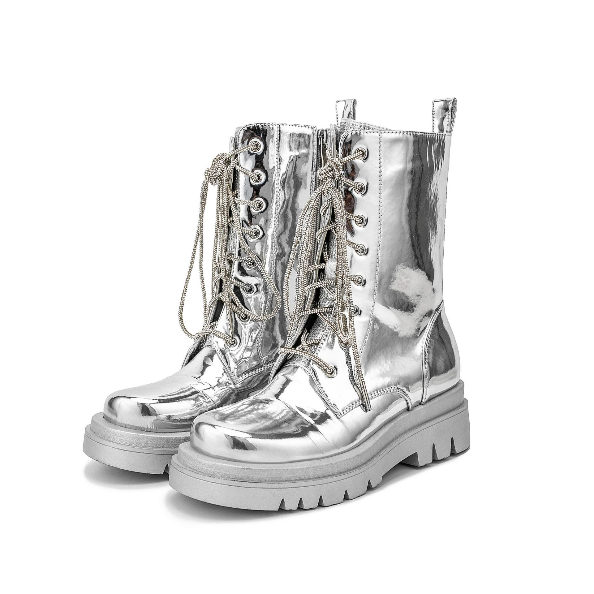 Silver patent leather medium chunky heel plus size platform booties punk boots_voghion.com
