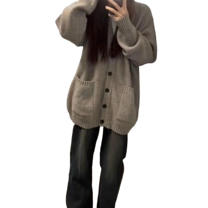 加厚版!慵懒风灰色单排扣毛衣开衫女外套秋装新款韩版宽松针织衫|undefined