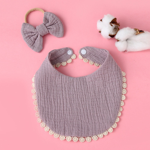 Baby saliva towel headband set Children's baby pure cotton gauze lace bib bib saliva bag combination