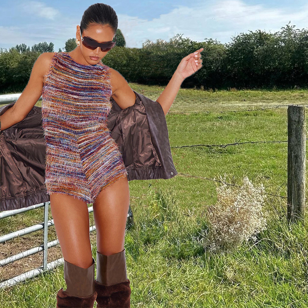 Women Clothing Sleeveless Tight Sexy Color Block Hollow Out Cutout Yarn Dyed Fluff Jumpsuit 5 Women Clothing Sleeveless Tight Sexy Color Block Hollow Out Cutout Yarn Dyed Fluff Jumpsuit