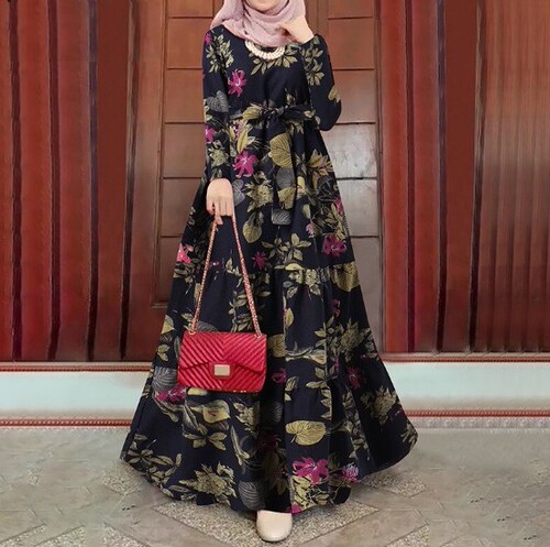 AliExpress Muslim Street Fashion Long-Sleeve Round Neck Print Elegant Loose Dress