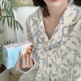 跨境专供睡衣女士夹棉碎花甜美韩风加厚甜美软绵保暖开衫家居服女