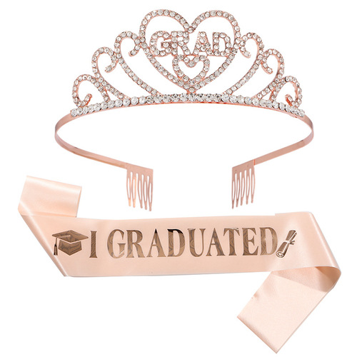 European and American graduation party crown shoulder strap ribbon 2-piece set alloy rhinestone letter headdress hair accessories graduated