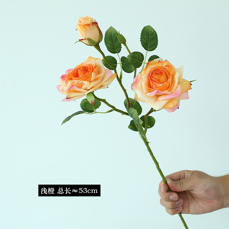 法式3头焦边玫瑰花假花复古客厅餐桌仿真花装饰摆件插花家居婚庆|undefined