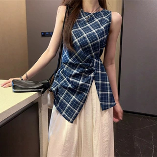 撞色格纹开叉无袖吊带背心女夏季新款法式气质修身显瘦掐腰上衣潮