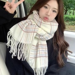2025年白の格子柄スカーフ、韓国風、多用途、トレンディ、レトロ、小香風、格子柄、暖かい、厚手、可愛いネックウォーマー、卸売