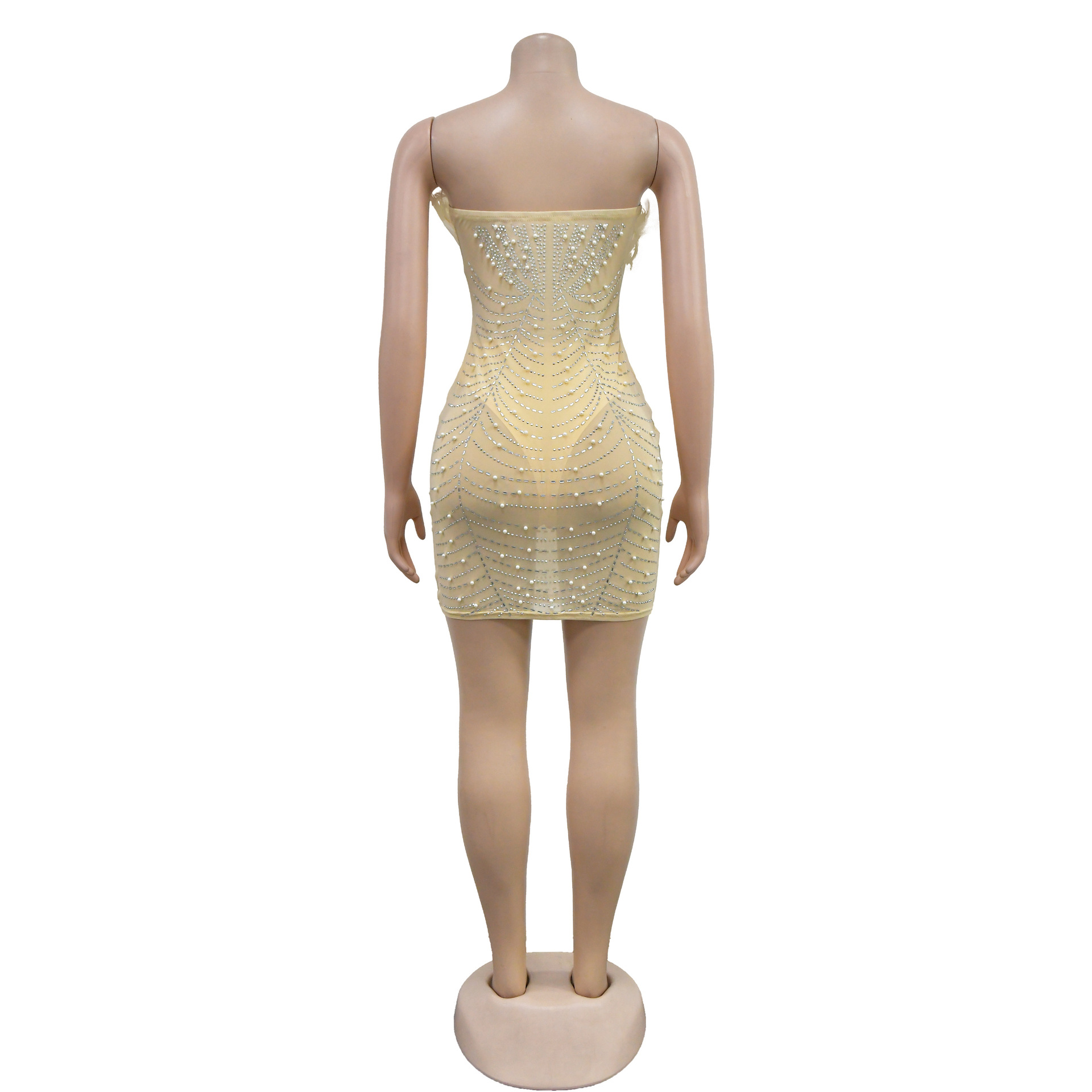 Damenkleid mit einfarbigem Mesh-Federrock und Strasssteinen_voghion.com