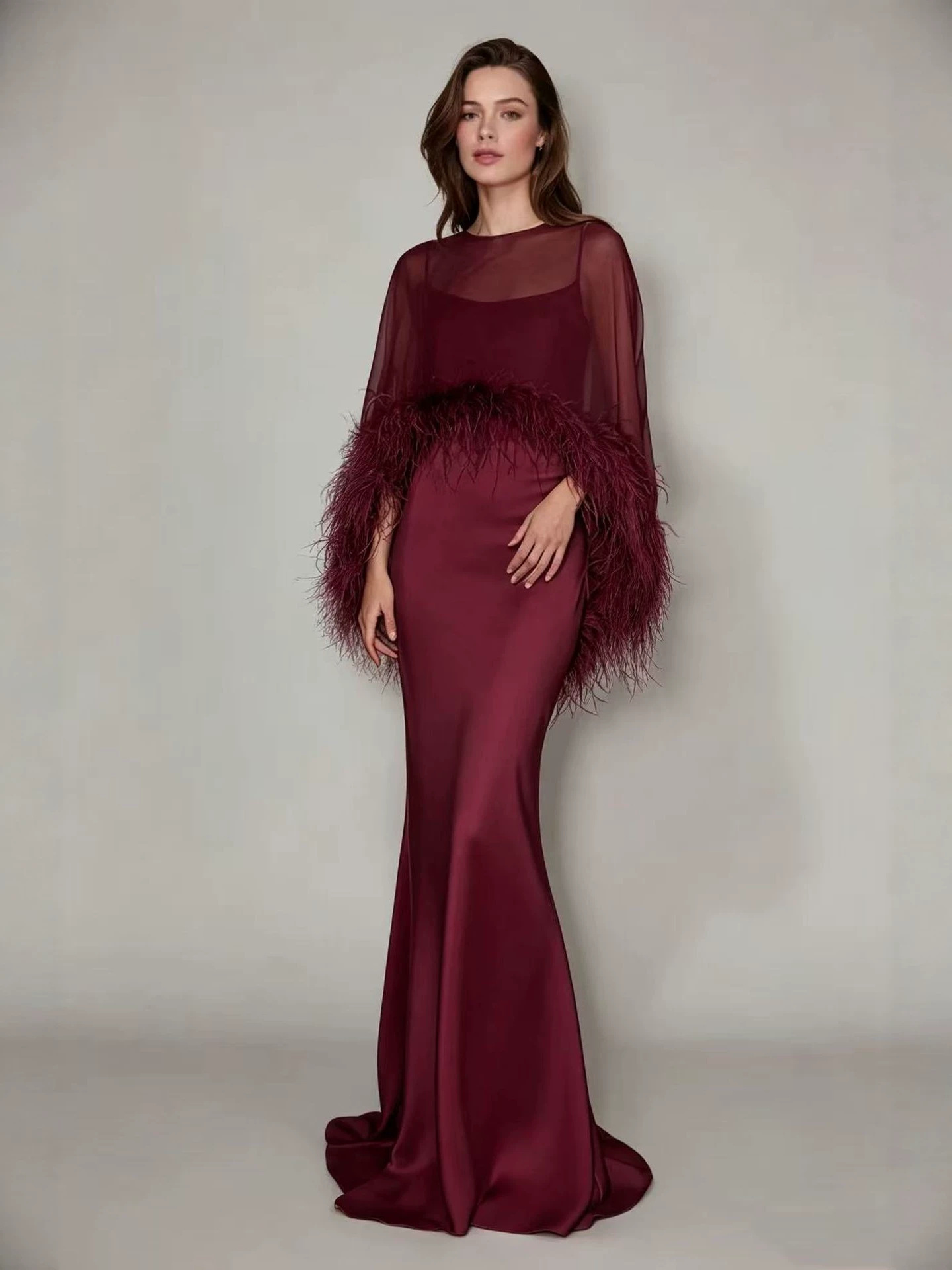 2026 foreign trade cross-border women's clothing Amazon European and American new style feather patchwork high-waisted long dress two-piece set