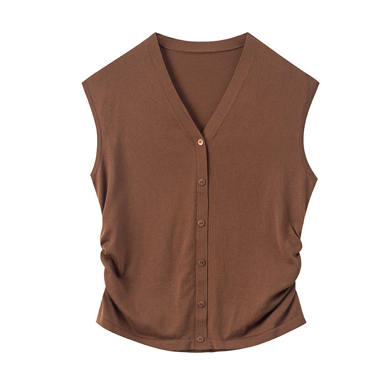 【Hengjia Hj】Lyocell Design Waist-Cinching Pleated V-Neck Vest for Women, Spring and Summer Sleeveless Slimming Top