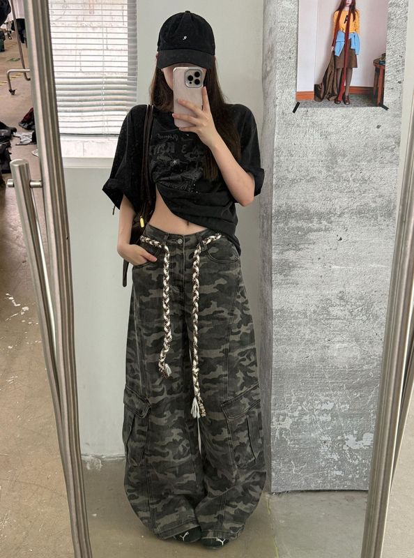 ME KAKAMEE十三行秋美式街头迷彩配腰带大口袋工装裤牛仔裤 C0519|undefined