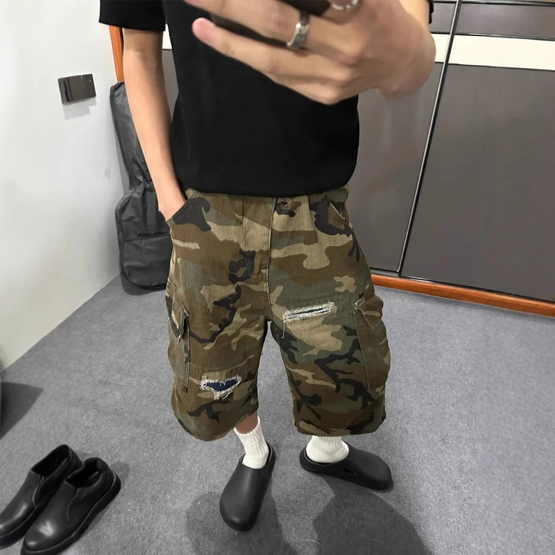 Cross-Border Street Ripped Patch Cropped Jeans for Men and Women Summer Niche Design Loose Washed Camouflage Shorts Cross-Border Street Ripped Patch Cropped Jeans for Men and Women Summer Niche Design Loose Washed Camouflage Shorts