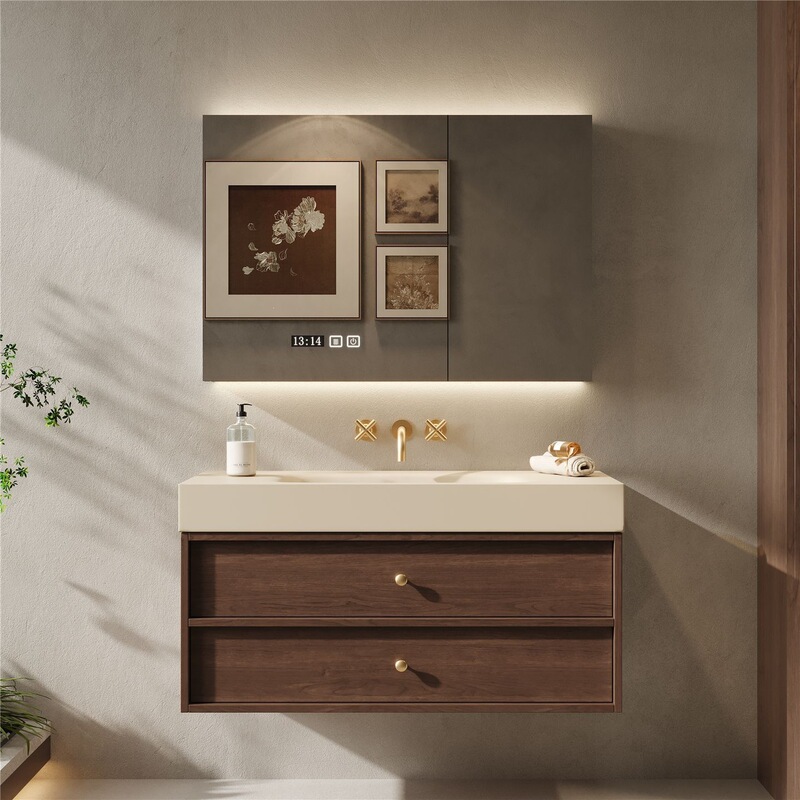 Walnut-colored bathroom cabinet with washbasin, vintage-style bathroom cabinet with ceramic integrated basin, bathroom sink with integrated basin