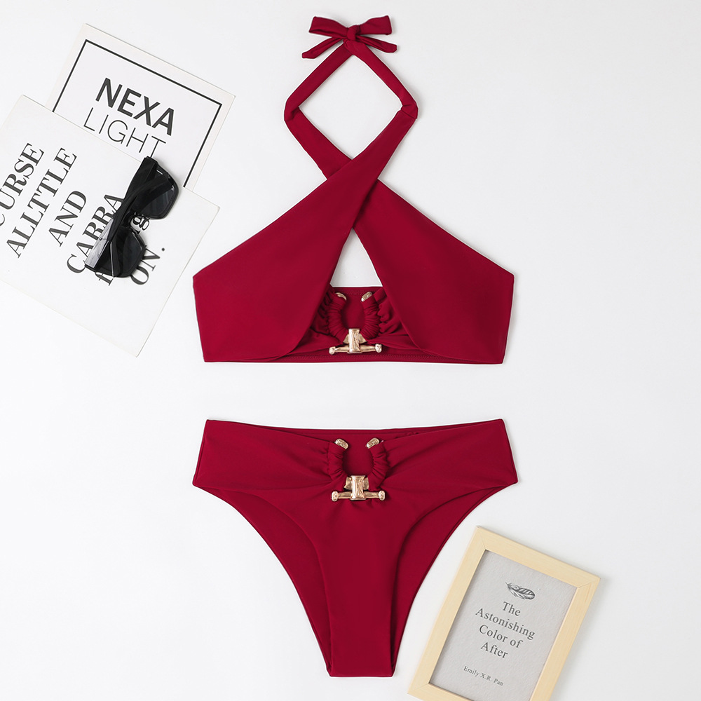 Women's Solid Colour Bikini Set Backless Sexy Metallic Accents_voghion.com