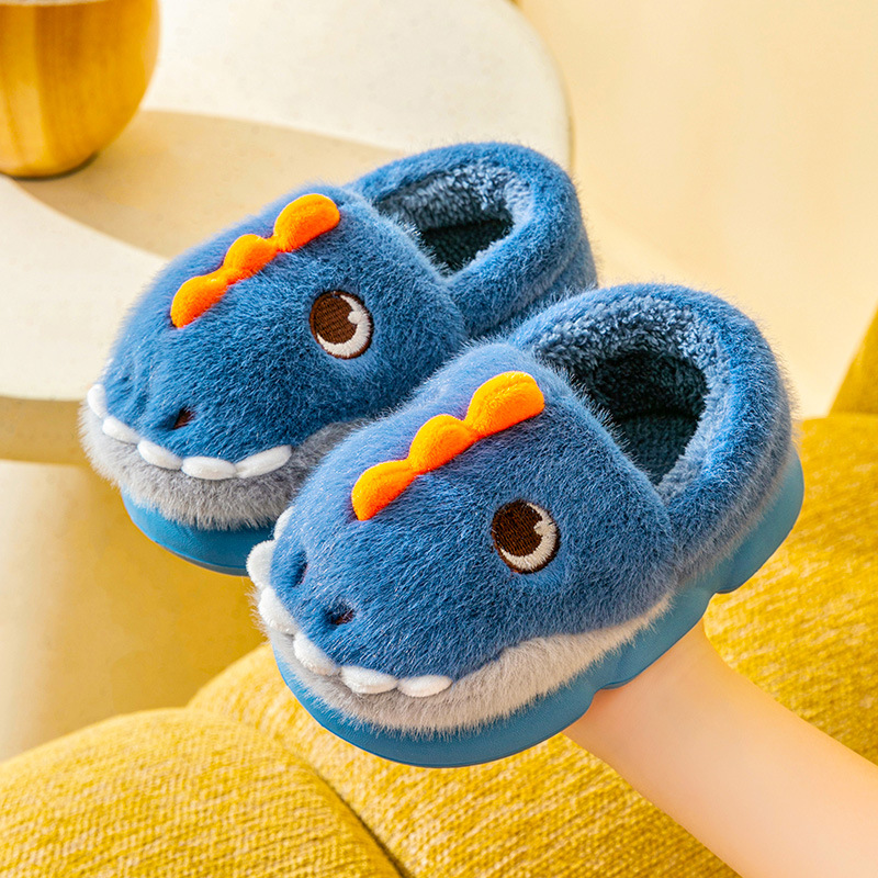 [Otoño e invierno nuevo] Zapatillas de lana para niños de invierno dibujos animados lindo dinosaurio bolsa talón Zapatillas de algodón para niños calientes
