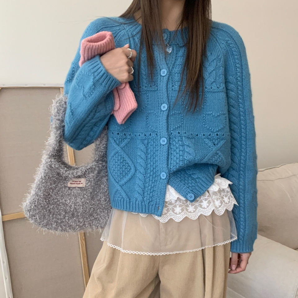 25秋冬女装羊毛衫韩系时尚百搭镂空手工绞花羊毛兔绒针织开衫毛衣