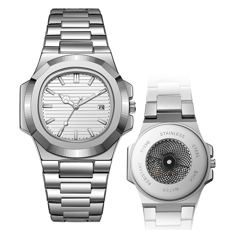 Relojes Nautilus transfronterizos Relojes mecánicos falsos Moda para hombres Cinturón de acero Calendario Reloj de cuarzo de fondo hueco luminoso