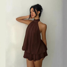 欧美新款跨境纯色度假修身性感露背挂脖收腰上衣蓬蓬短裙连衣裙女