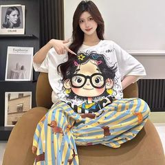 跨境夏季新款设计感字母印花宽松休闲遮肉短袖眼镜女孩套装家居服