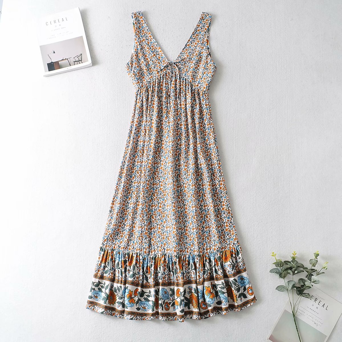 spring V-neck long printed chest tie dress NSAM25626