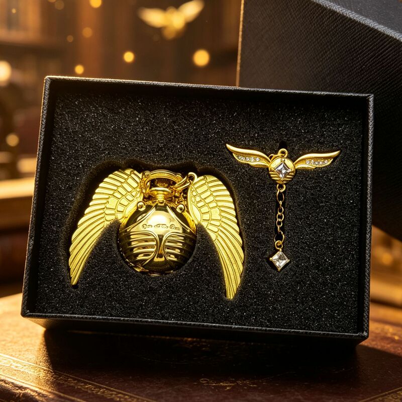 New Harry Potter Snitch Pocket Watch Necklace Gift Box Set with Golden Necklace, Round Ball, and Large Wings for Export