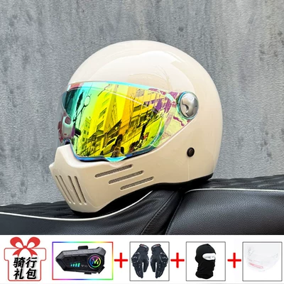 Motosiklet kaskı (dəbilqə) — Bluetooth Function, Unisex Rider Cruising - pearl-white-with-colorful-gold-and-purple-night-vision-transparent-mirror-included-y10-soft-wheat-m