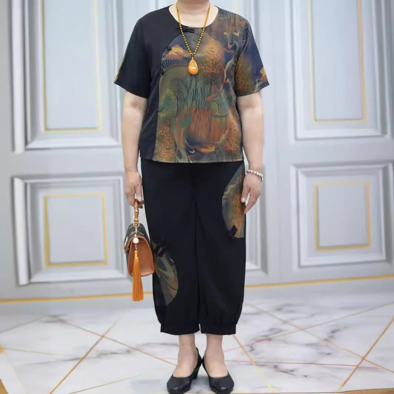 2024 New Middle-aged and Elderly Women's Women's Mother's Day Summer Short-sleeved suit Fashionable plus size Two-piece Set 2024 New Middle-aged and Elderly Women's Women's Mother's Day Summer Short-sleeved suit Fashionable plus size Two-piece Set