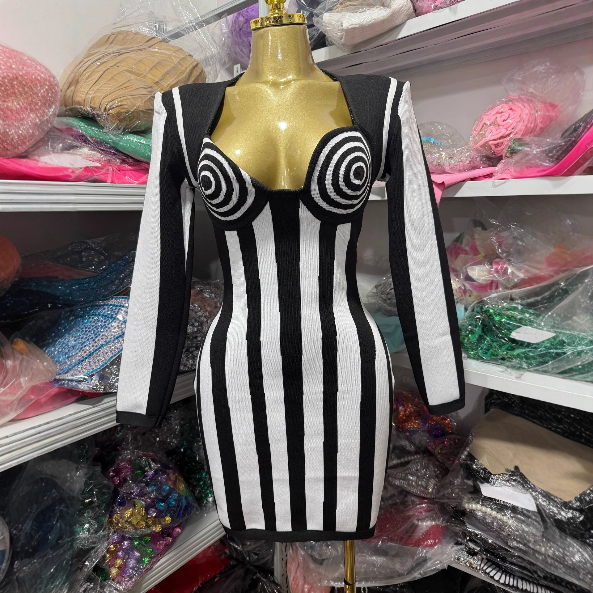 Cross-Border Export Sexy Low-Cut Black and White Stripesd Ultra-Short Dress Fashionable Design Party Bandage Dress