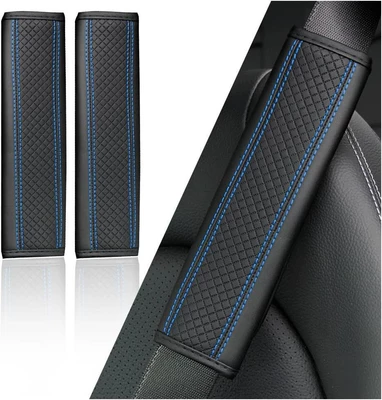 Seat belt shoulder pad | leather, soft and safe - embossed-diamond-pattern-black-with-blue-lines-1-pair-of-shoulder-pads-23cm