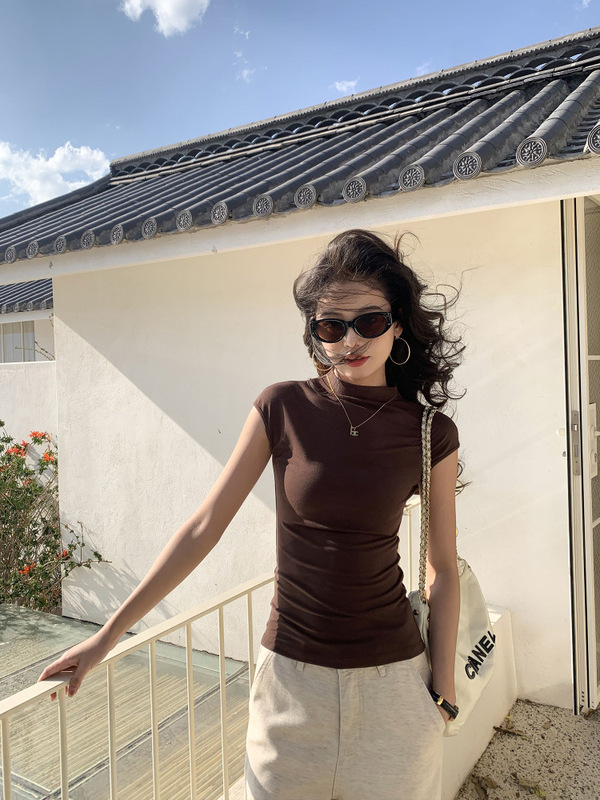 pusumede 黑色半高领小飞袖T恤女短袖修身显瘦气质内搭针织上衣|undefined