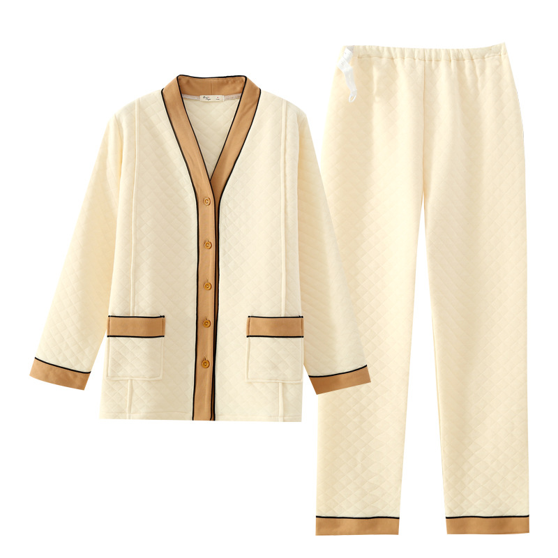 秋冬の女性の厚い空気の綿の月子服のvネックのカーディガンの産後の授乳の授乳する妊婦のスーツはパジャマを結びます。