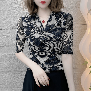 V-Neck Twisted Fashionable Summer Mid-Sleeve Black Decorative Floral Mesh Elastic Middle-Aged Women's Thin Elegant Shirt