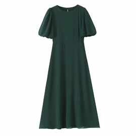 欧美风女装泡泡袖跨境欧美风春墨绿色圆领连衣裙修身跨境图片色