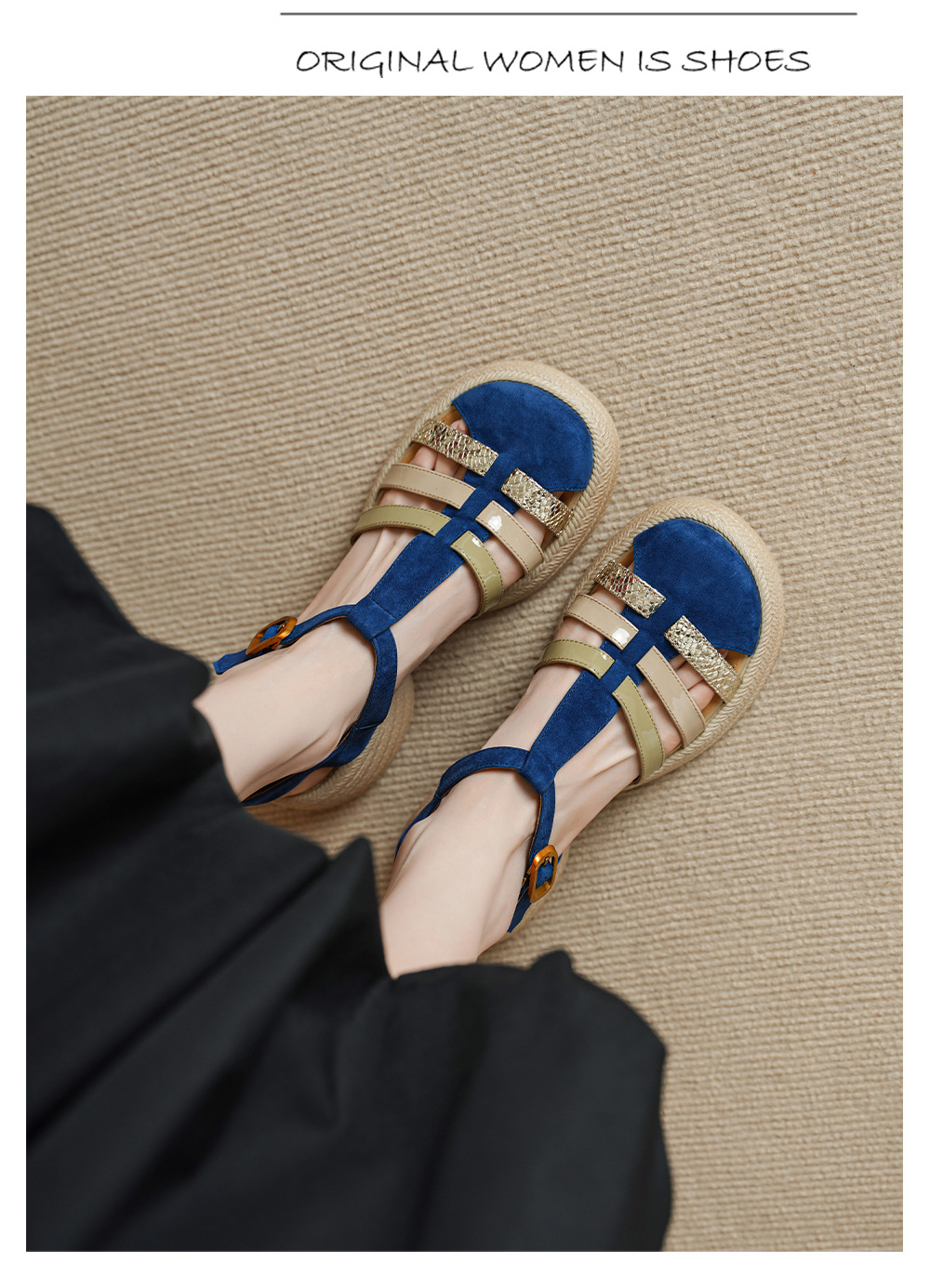 Sandal nữ quai chữ T đan dây đế dày gót thô 6.5cm phong cách La Mã — Màu xanh da trời chi tiết 5