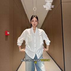 法式简约polo尖领衬衫外套女春春收腰褶皱单排扣衬衣叠穿内搭上衣