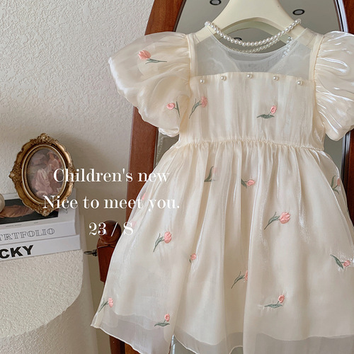 2024 new summer girls' sweet three-dimensional sequin wings embroidered flower puff sleeve short-sleeved princess dress