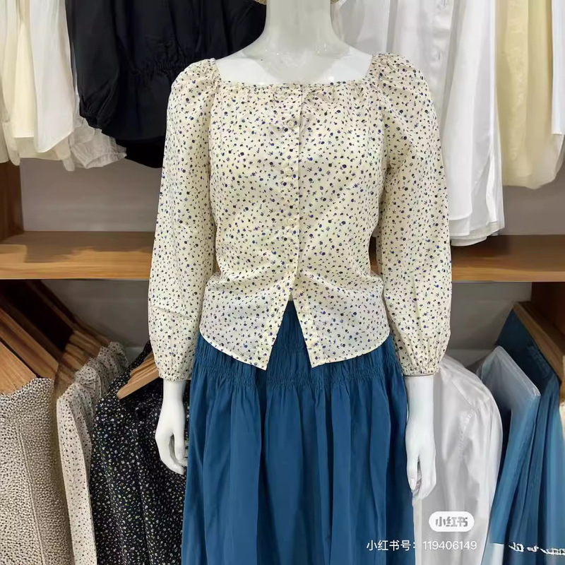 Japanese Single Women's 24 Summer Cotton Square Collar Shirt 471298 Long Sleeve Casual Floral Shirt Top Women's 469440