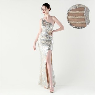 31702#2025 Sexy Slim Fit Bag Hip One Shoulder Collar Sequin Mesh Evening Dress Dinner Party Dress