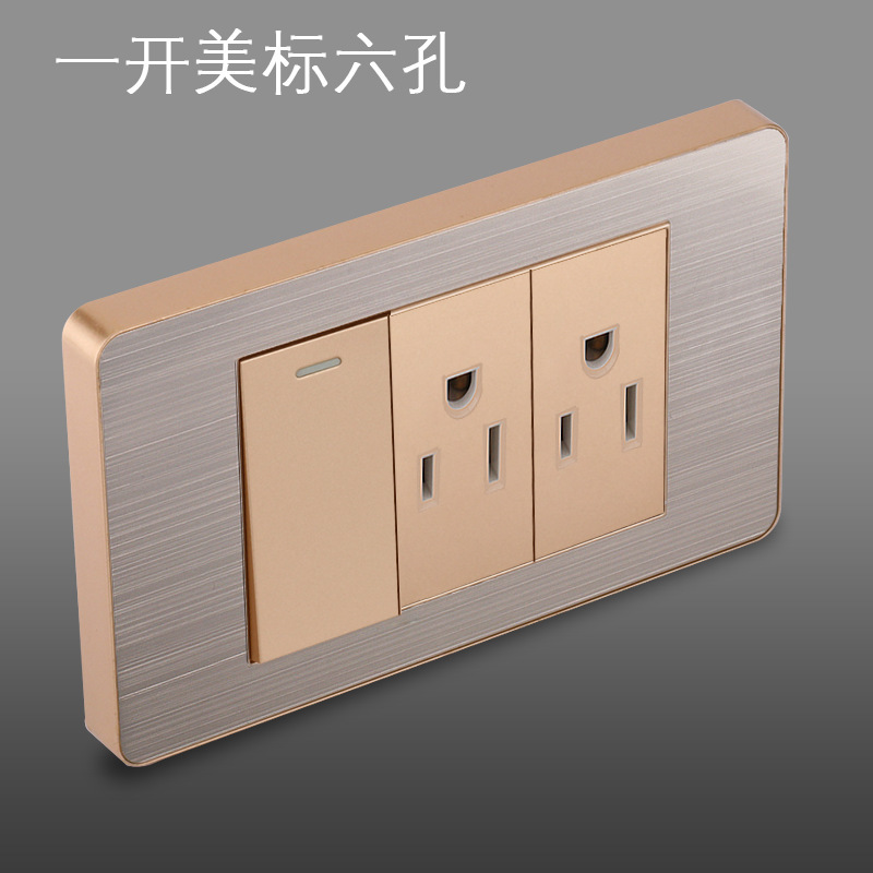 Panel de enchufe de metal estándar estadounidense de acero inoxidable dibujado oro tres agujeros Taiwan conmutador USB suministro directo de fabricantes de enchufes