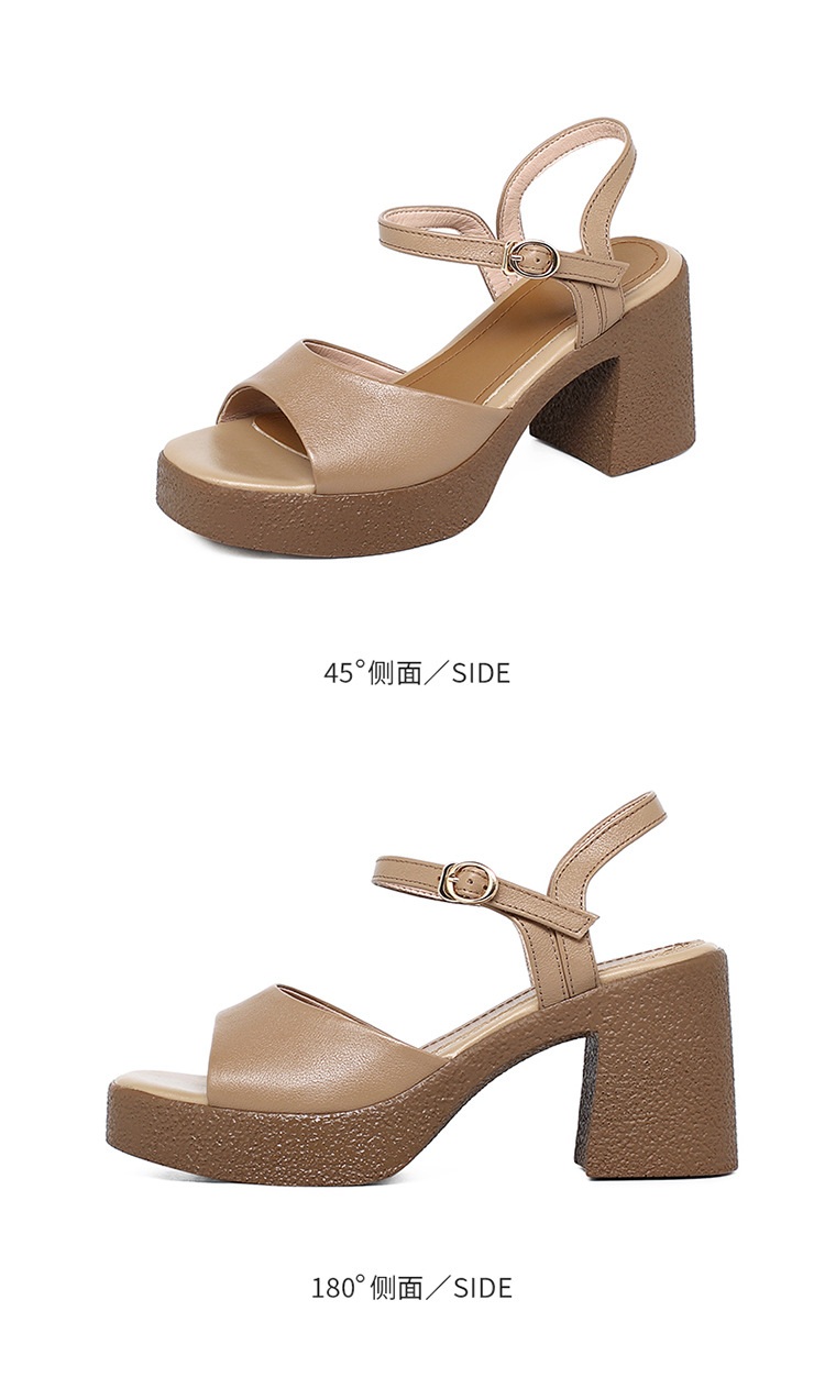 Sandal cao gót nữ quai ngang da thật đế dày chống thấm — Màu đen chi tiết 37