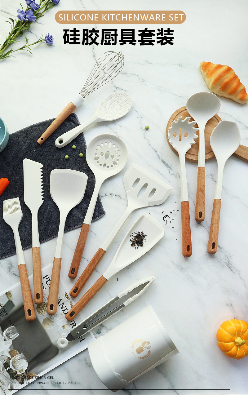 Silikon spatula ve kaşık 13 parçalı set yapışmaz silikon spatula süt beyazı gıda sınıfı silikon mutfak eşyaları seti satışa hazır