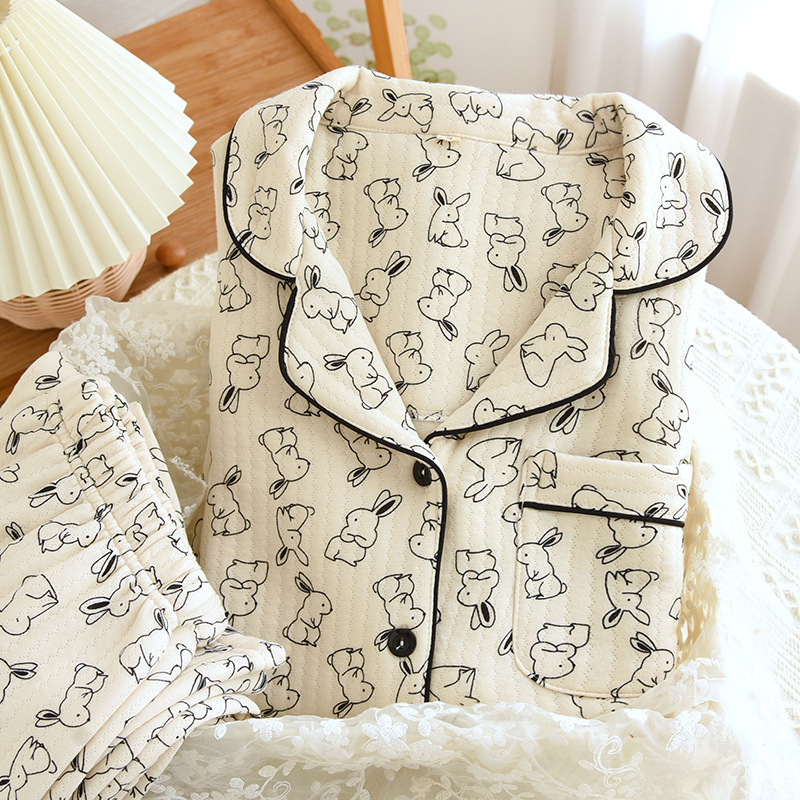 Autumn and Winter new cotton yarn women's pajamas air layer cartoon cute rabbit home wear can be worn outside pajamas suit