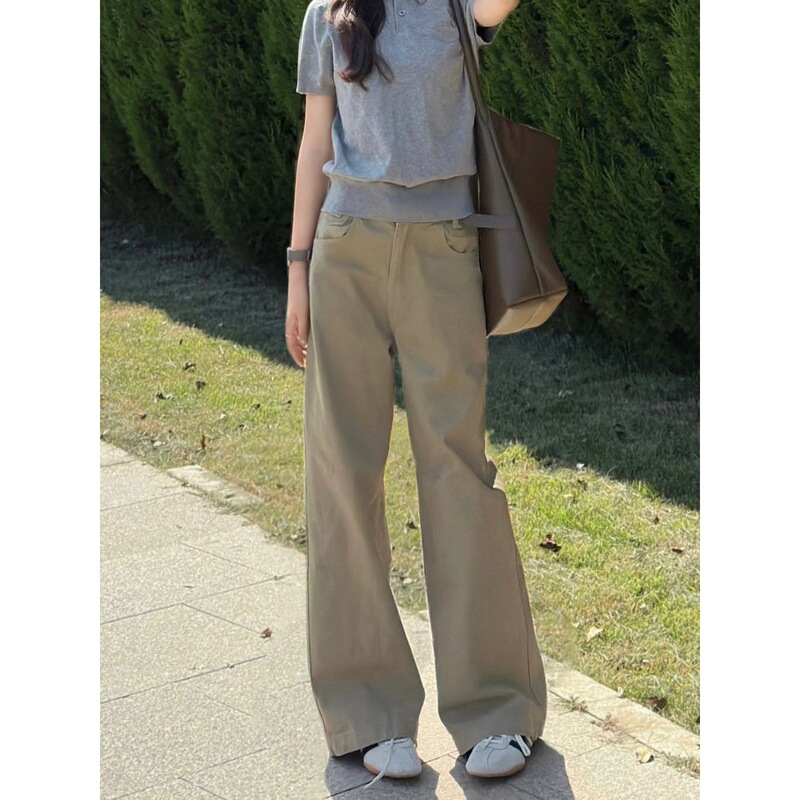 Petite American Retro Khaki High-Waisted Straight-Leg Jeans for Women, Loose Slimming Wide-Leg Casual Pants Trendy