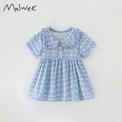 Malwee Girls' Summer Dress New Arrival European and American Middle and Small Children Casual Round Neck Short Sleeve Children's Dress